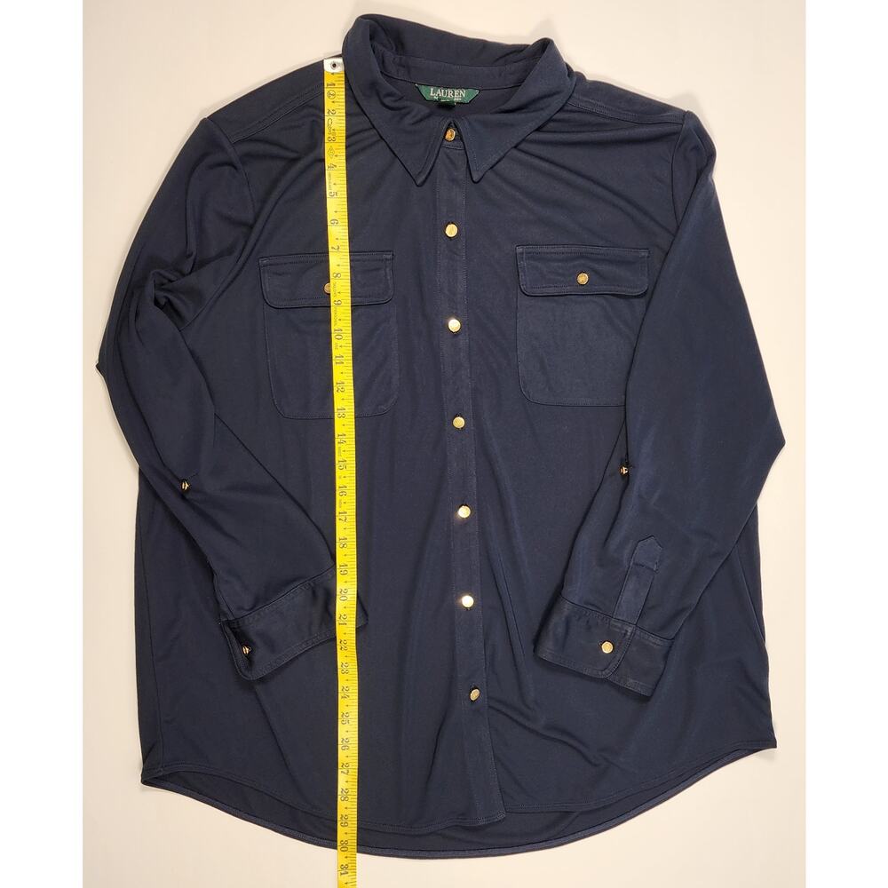 Lauren Ralph Lauren Navy Button Front Shirt Gold Buttons 3X Stretch - Picture 4 of 14
